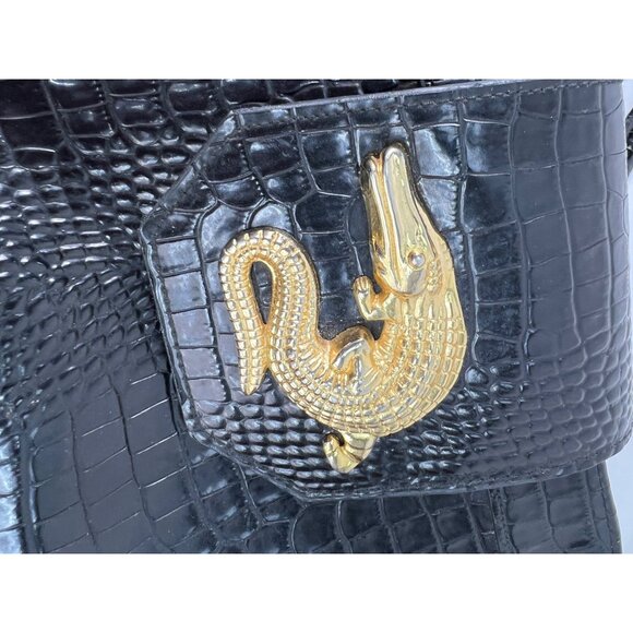 Black Croc Embossed Shoulder Bag With Gold Alligator Detail By Bueno - Picture 11 of 11